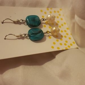 Homemade earings teal and pearl colored bead